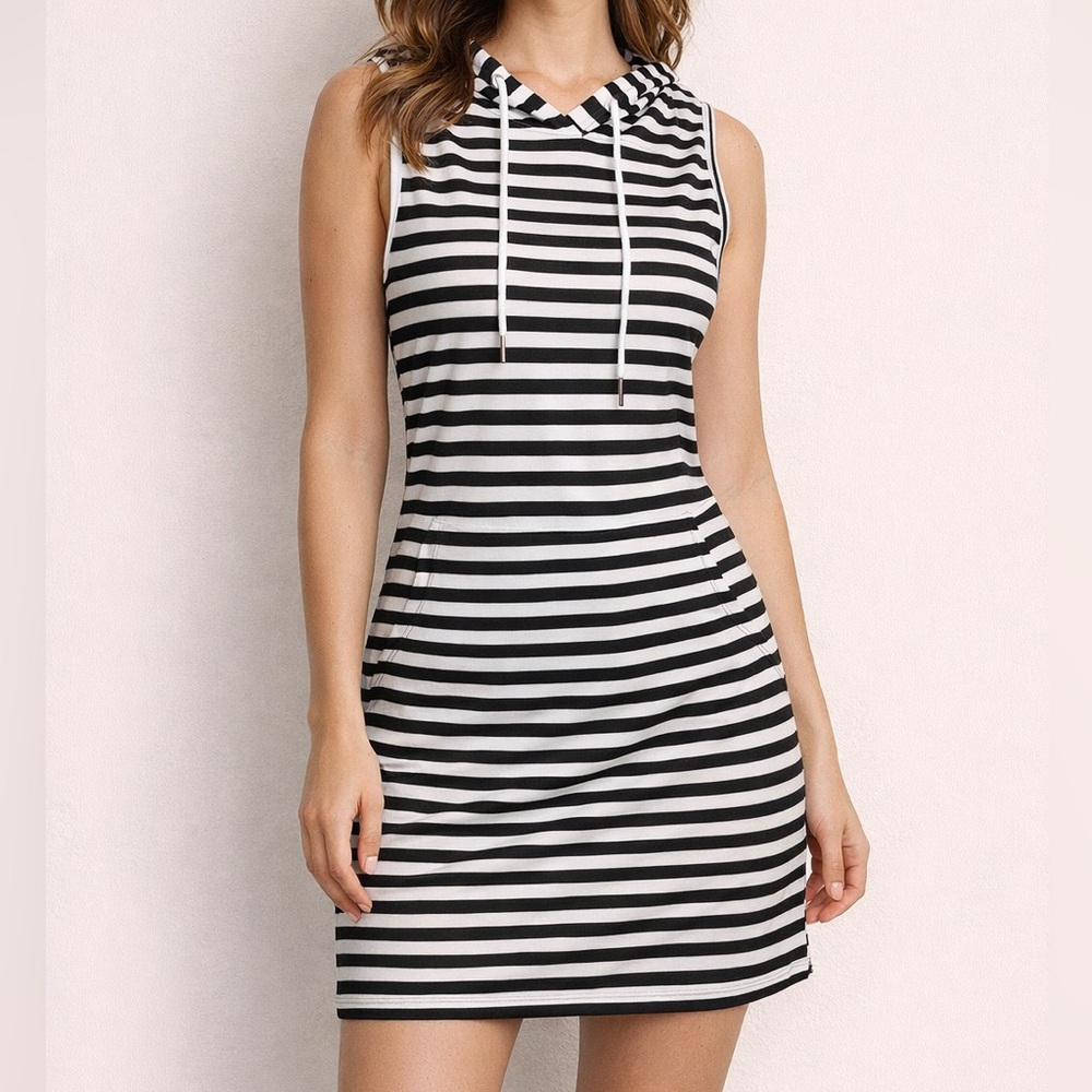 VERSATILE Striped Hooded Pocket Dress | Black & White Casual Cover-Up | L | NWOT